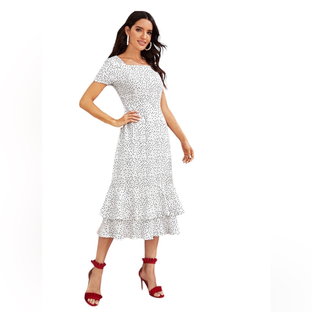 Midi Polka Dots Square Neck Layered Flared Dress